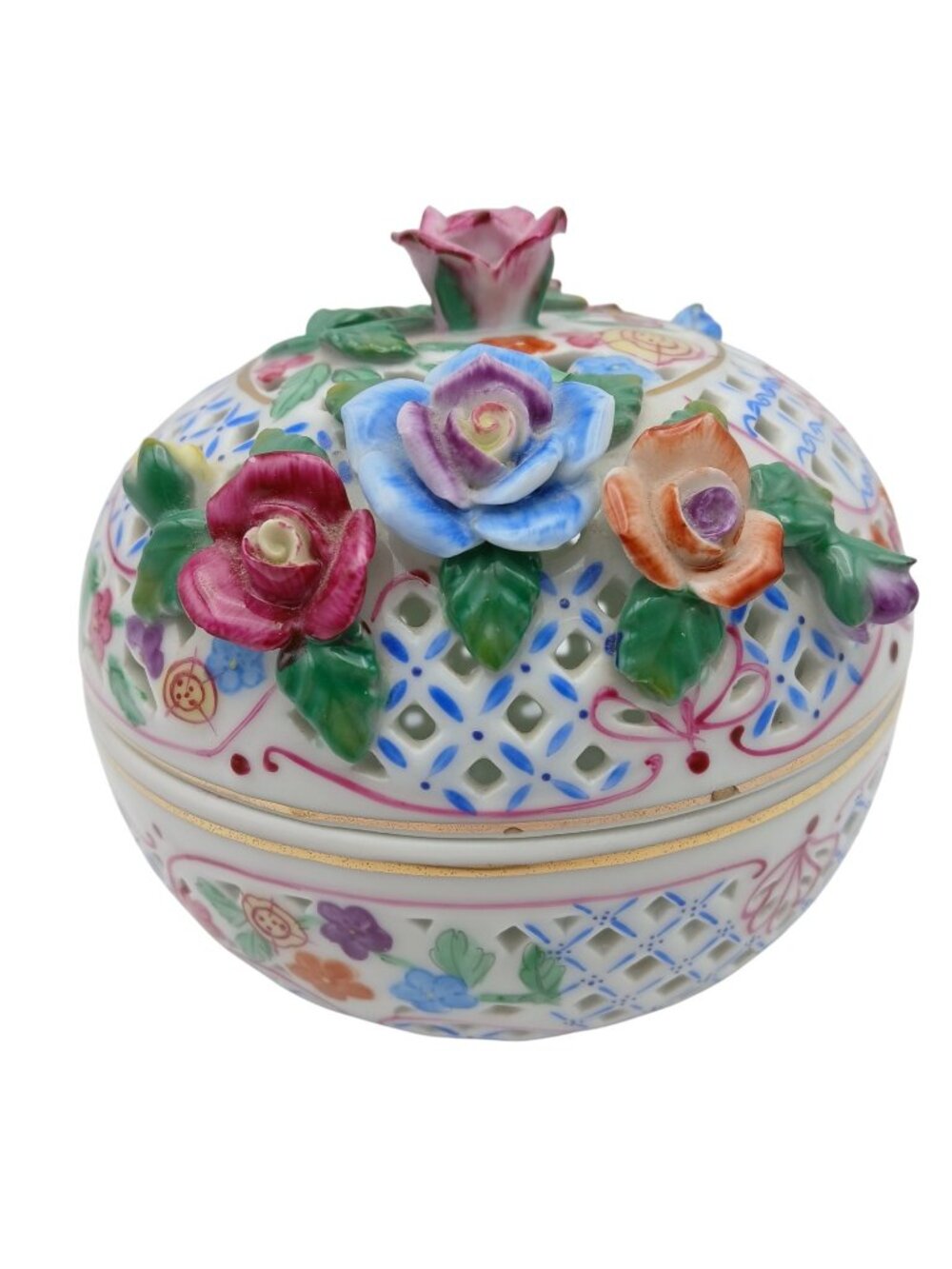 Herend Style Reticulated Porcelain Potpourri Bowl Lid Floral